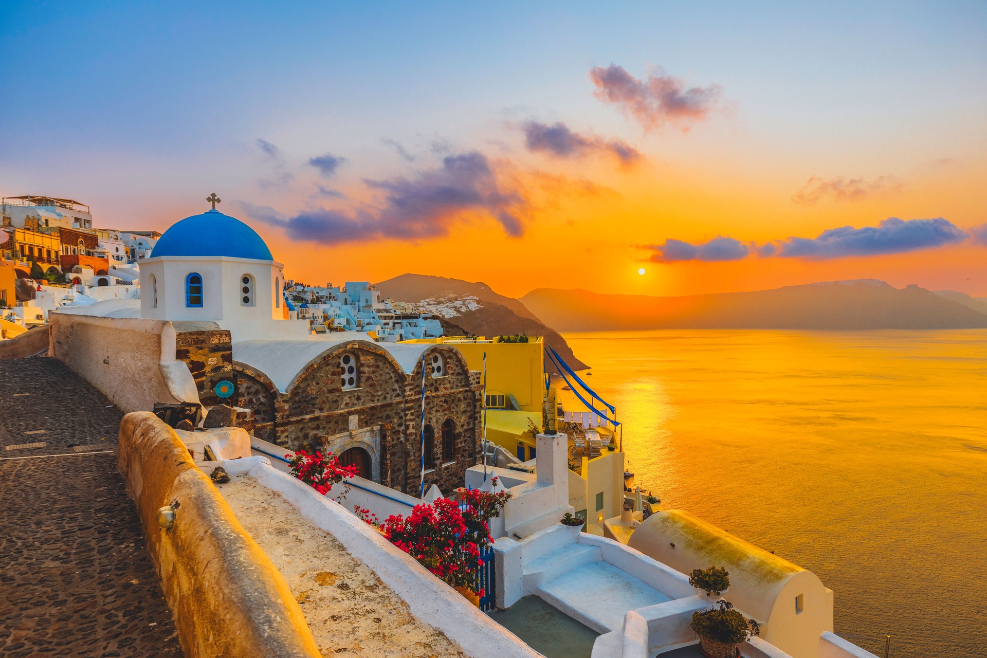 Beautiful cityscape landscape view Town of Oia in Santorini island at sunrise, Greece